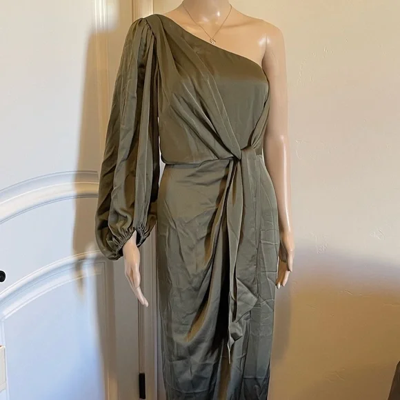 New Shona Joy Luxe Tie Front One Shoulder Dress Pine US 6